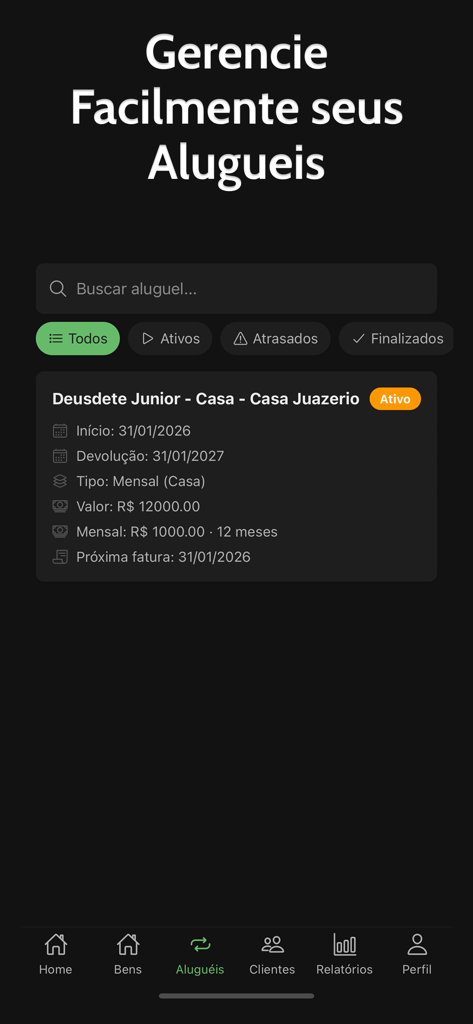 Rental Control: House, Car etc - Una interfaz de aplicación móvil que muestra una lista de alquileres gestionados con detalles como el tipo de propiedad, el estado y el valor mensual.