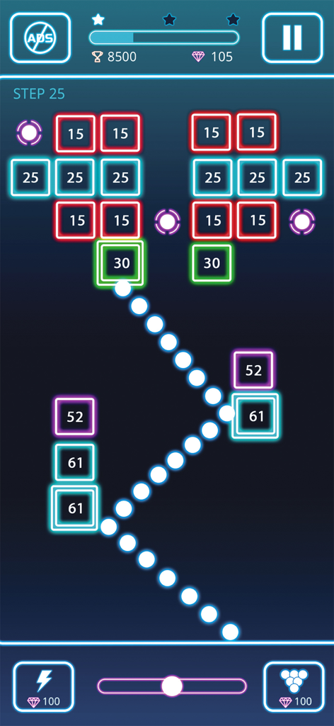 Bricks Breaker: Deluxe Crusher - Una captura de pantalla del juego de Bricks Breaker Deluxe que muestra bolas golpeando ladrillos numerados de neón.