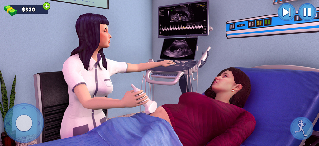 A doctor performing an ultrasound scan on a pregnant mother in a hospital simulation game
