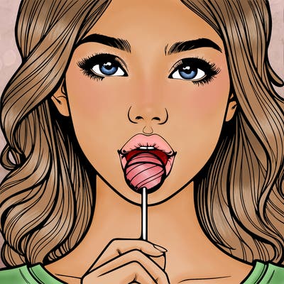 a realistic girl with a lollipop in her mouth