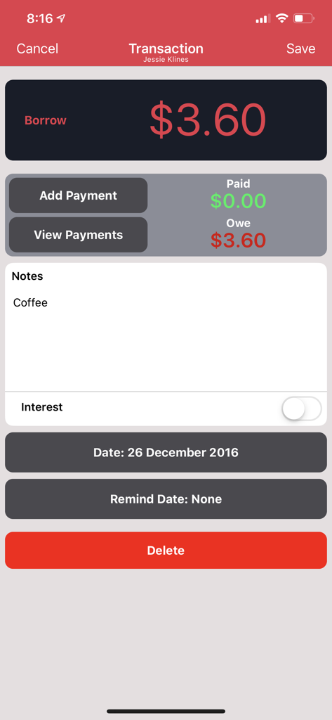 Transaktionsdetails-Bildschirm in der Cash Lender App, der Schulden für Kaffee mit Zahlungsverfolgung und Kreditbetrag zeigt