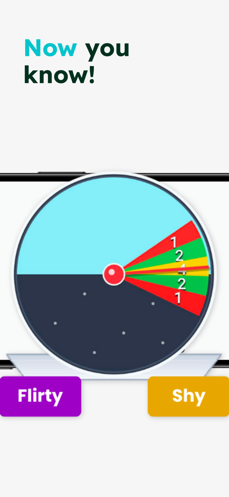 A spectrum dial in the Perfect Match game pointing between flirty and shy categories