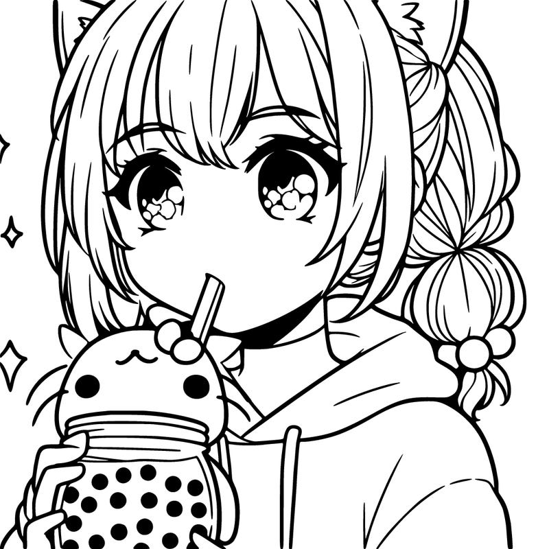 anime girl drinking cat themed boba