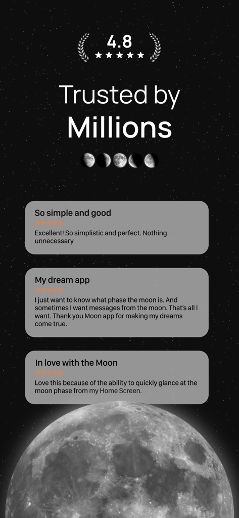 MOON - Current Moon Phase - Screenshot dell'app MOON che mostra recensioni positive degli utenti e una valutazione di quattro virgola otto stelle con il testo Fiducia da milioni di persone.