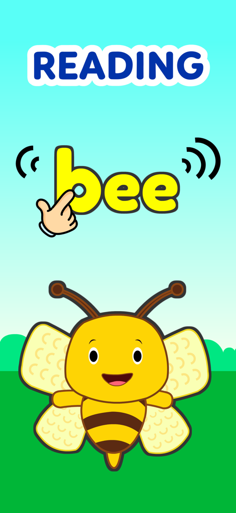 KidloLand School reading game interface showing a cartoon bee and word tracing activity.