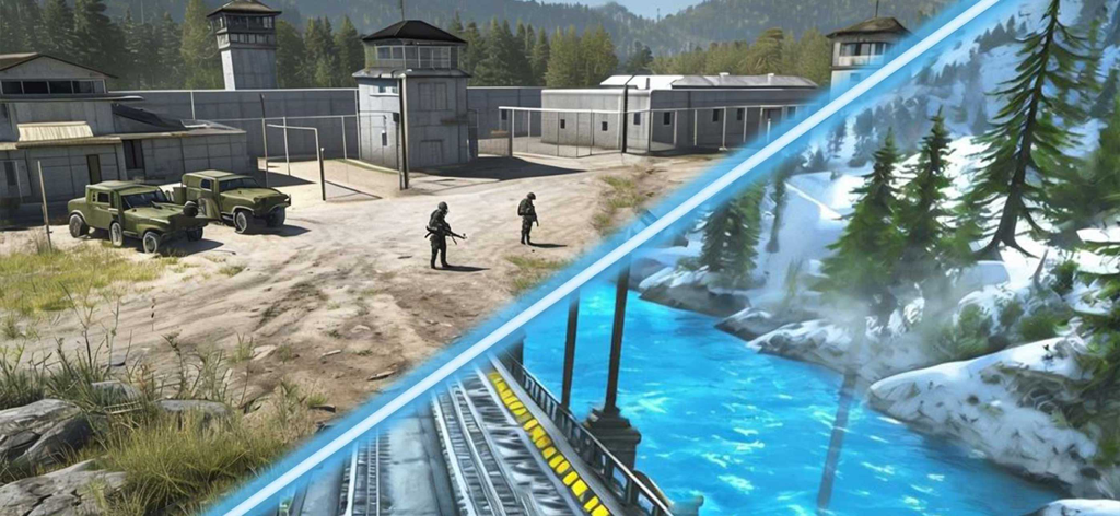 Secret Mountain Sniper Shooter - Split screen showing a military base with guard towers and a snowy mountain landscape with a river.