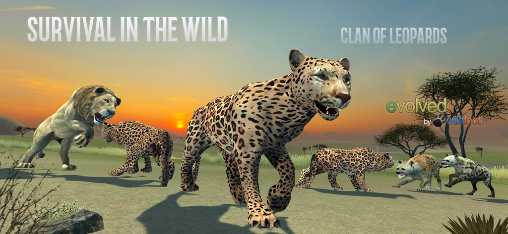 A group of 3D animated leopards, a lion, and hyenas in a savanna landscape at sunset from the game Clan Of Leopards.