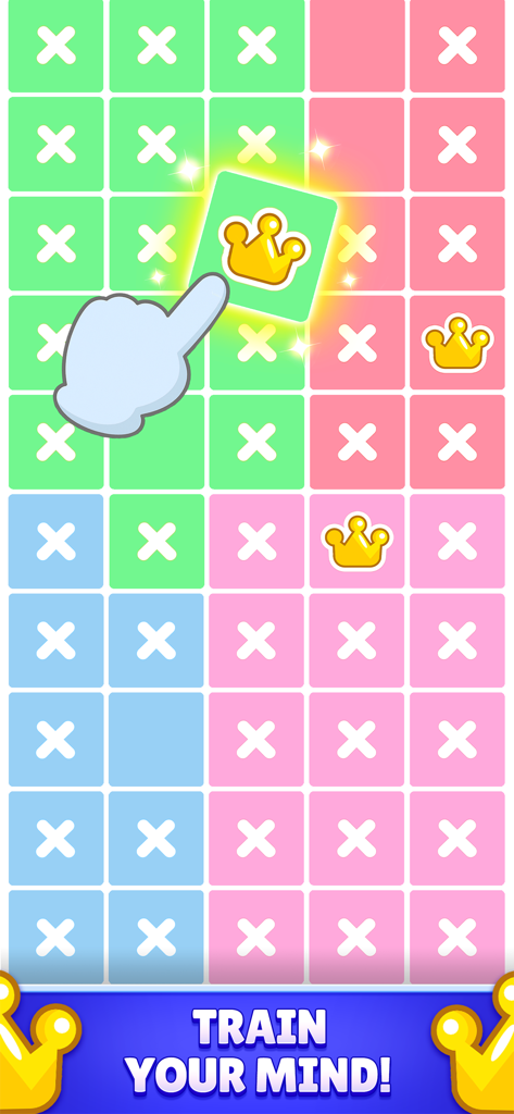 Queendoku: Queen Sudoku Puzzle - Una mano colocando una corona dorada en una colorida cuadrícula de lógica en la aplicación Queendoku con la leyenda Entrena tu mente.