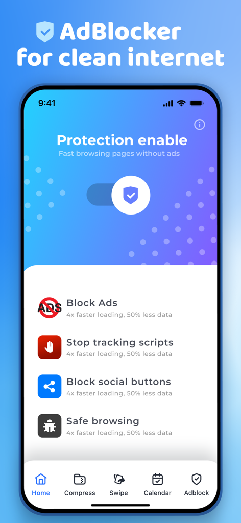 Clean Manager: Storage Cleaner - Pantalla de la aplicación Clean Manager que muestra la configuración del bloqueador de anuncios para bloquear secuencias de comandos de seguimiento de anuncios y botones sociales