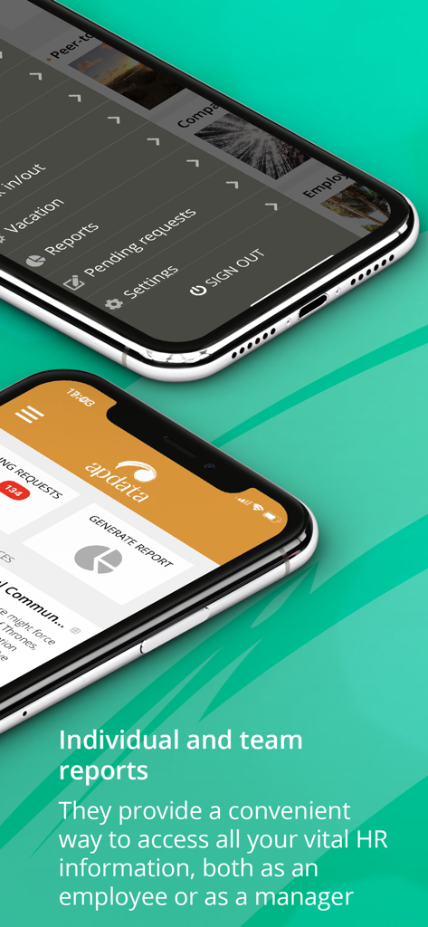 Apdata Mobile - 個人のHRレポートとチームのHRレポートの生成のためのApdata Mobileアプリのインターフェースを表示する2台のスマートフォン