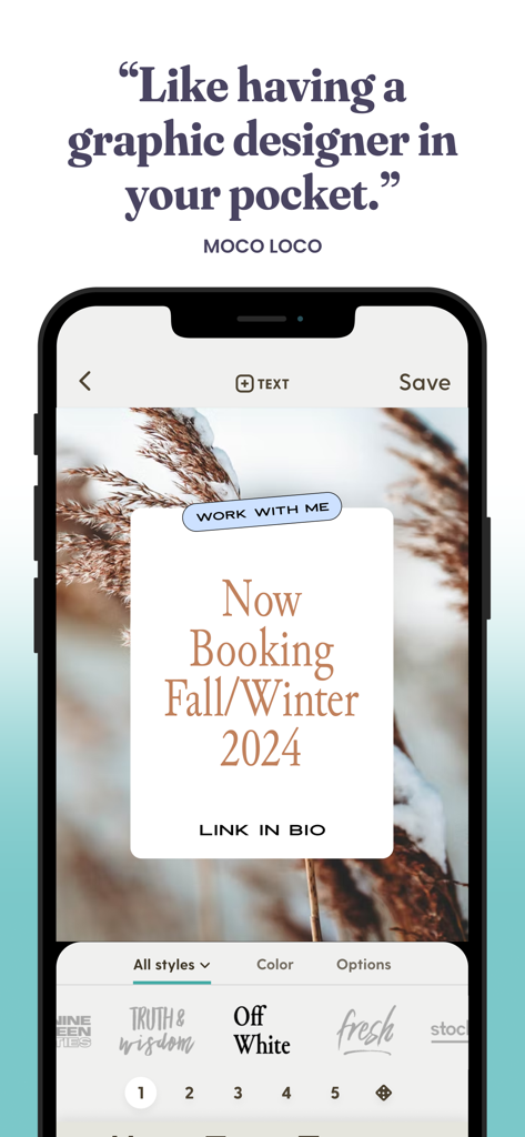 Word Swag - Cool Fonts - Word Swag app interface showing a social media post design for Fall Winter 2024 booking with professional typography styles