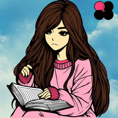 realistic girl with long hair wearing a baggie sweater reading a book