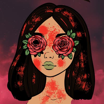 a realistic girl with roses for eyes