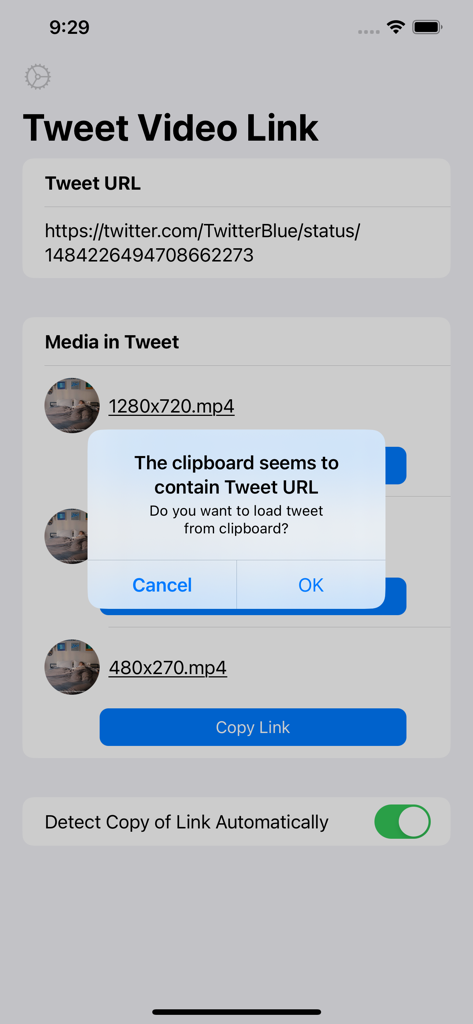 Interfaz de la app Enlaces de Video para Twitter que muestra una ventana emergente para cargar una URL de video de Twitter desde el portapapeles