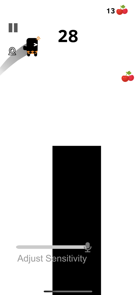 Captura de pantalla del juego Scream Go Hero con un personaje saltando entre plataformas y un control deslizante de sensibilidad de voz.