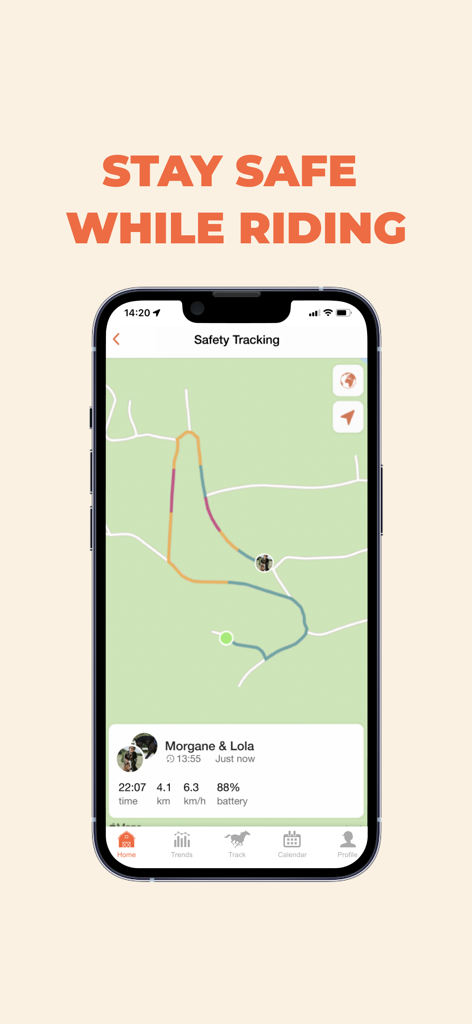 Equilab: Horse Riding Tracker - Smartphone screen displaying the Equilab horse riding safety tracking feature with a GPS map