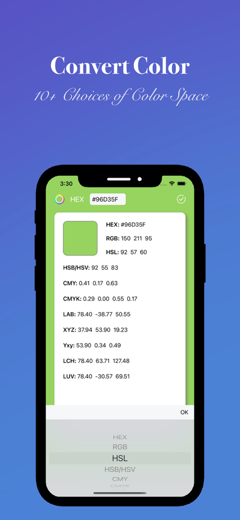 Color Picker: Design & Detect - 녹색 색상이 HEX RGB HSL 및 기타 전문 색 공간 값으로 변환되는 것을 보여주는 모바일 인터페이스