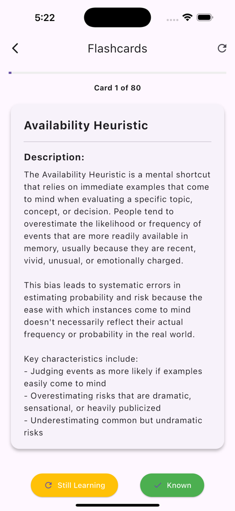 A flashcard from the Cognitive Clarity app explaining the Availability Heuristic cognitive bias.