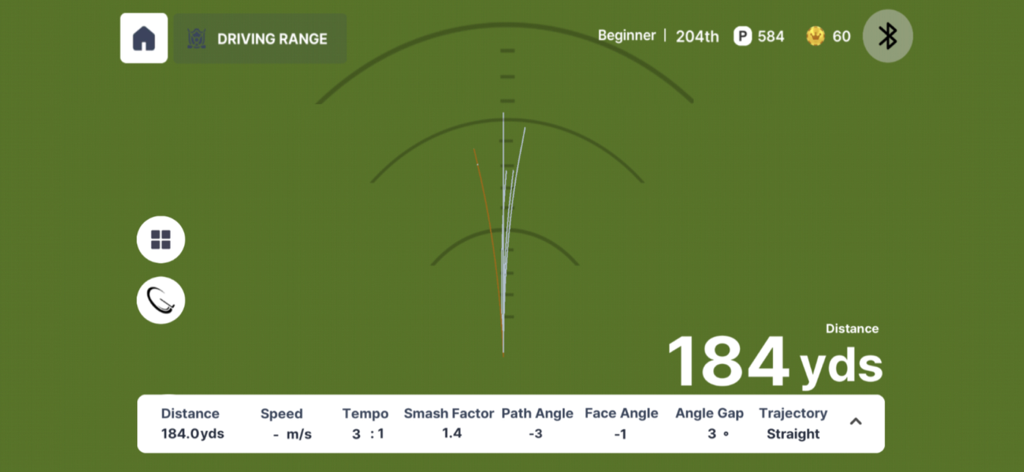 SmartGolf AI Analyzer - SmartGolf AI Analyzer app interface showing a virtual driving range with shot trajectory and detailed swing metrics like distance and tempo.