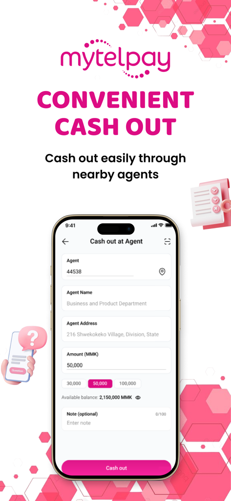 Interface of MytelPay V2 app showing the convenient cash out feature through local agents