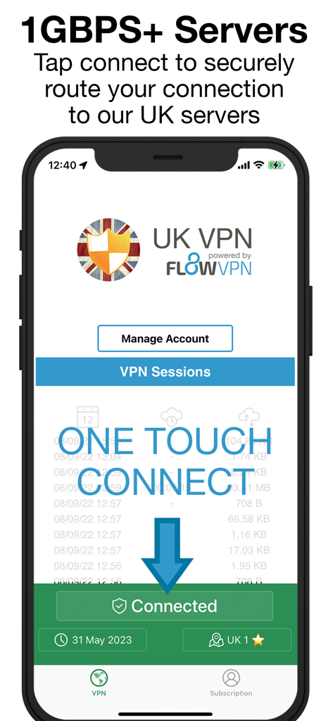 UK VPN: Fast & Secure Internet - Interfaz de la aplicación UK VPN mostrando la función de conexión con un toque y la conexión exitosa a un servidor del Reino Unido