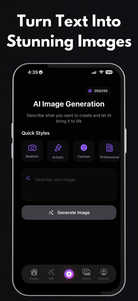 AI Photo Generator & Editor - A mobile application interface for generating images from text prompts with options for different styles such as realistic and artistic.