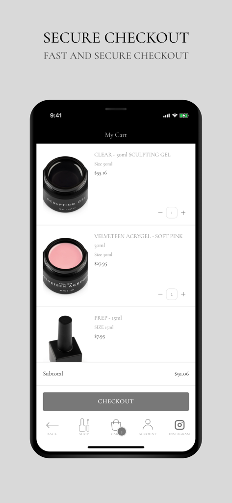 Ugly Duckling Nails Inc. - Ugly Duckling Nails mobile app shopping cart screen displaying professional nail products like sculpting gel and acrygel with a secure checkout button