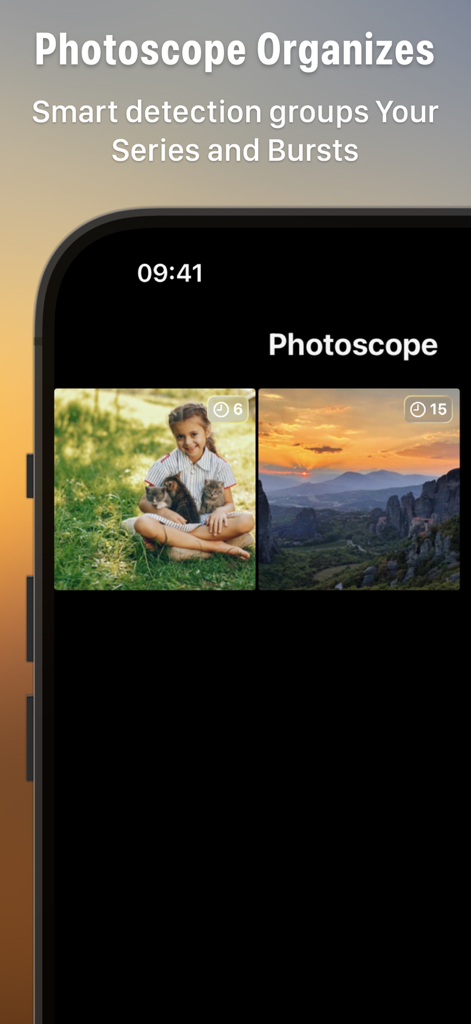 Photoscope: Best Photo Picker - Interfaz de la aplicación Photoscope que muestra la detección inteligente de series de fotos y ráfagas similares