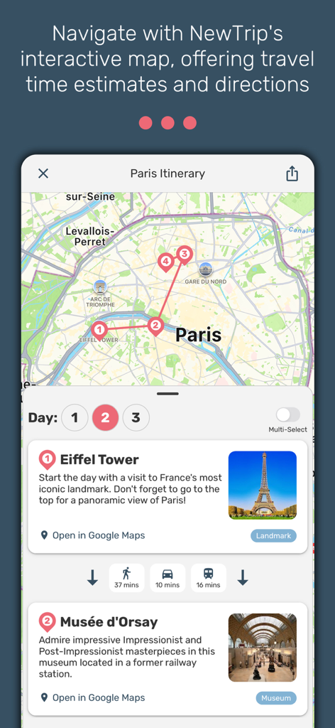 NewTrip - NewTrip app screenshot showing a Paris itinerary map and travel time estimates between attractions