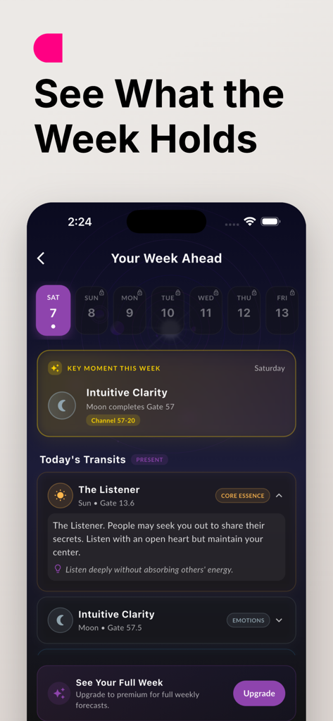 Human Design Chart: Soul Flow - Écran des prévisions des transits hebdomadaires et des aperçus quotidiens dans l'application Soul Flow Design Humain