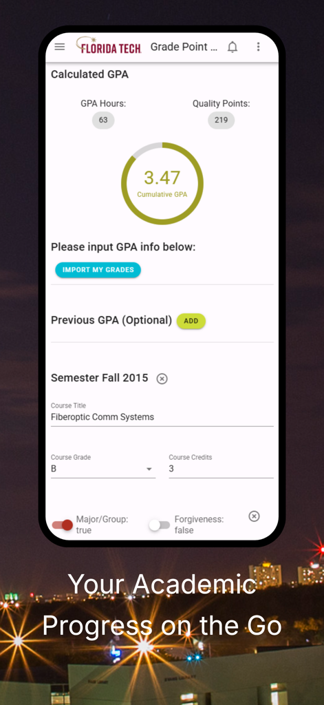 Florida Tech Hub - Florida Tech Hub app interface showing the GPA calculator and academic progress tracking screen