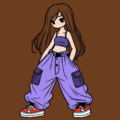 girl in baggy pants, crop top, and long hair