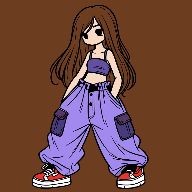 girl in baggy pants, crop top, and long hair