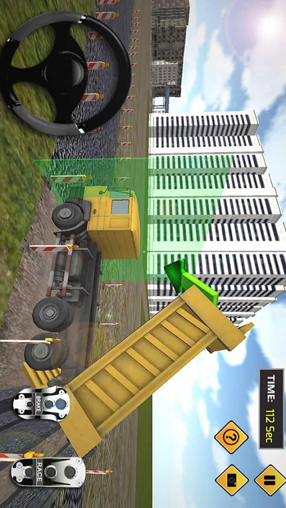 Gameplay screenshot of a yellow construction truck being positioned in a green parking zone with virtual steering and pedal controls.