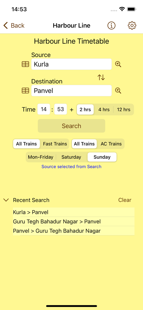 Tela de pesquisa para trens da Linha Harbour no aplicativo Mumbai Local Train Timetable mostrando a rota Kurla para Panvel