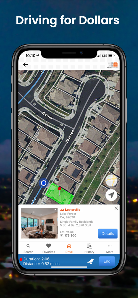 PropStream - PropStream mobile app showing the Driving for Dollars satellite map interface with property details and trip tracking for real estate investors.