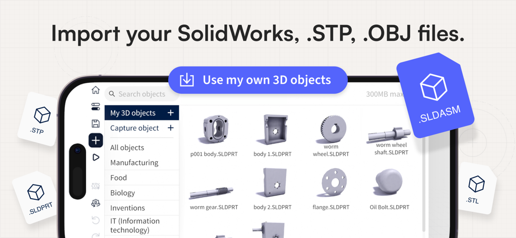 Screenshot of the JigSpace app interface showing the ability to import SolidWorks, STP, and OBJ 3D files.