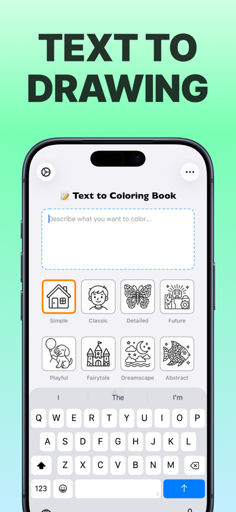 Coloring Book Ai - ColorFilla - Smartphone screen showing the text to drawing prompt and style selection in the ColorFilla app.