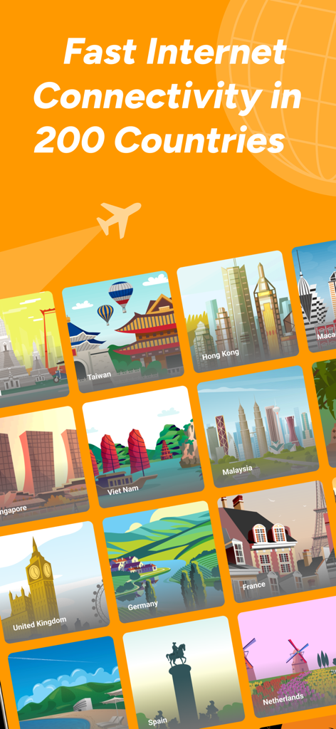 trifa - Travel eSIM Store App - trifaのアプリ画面。様々な海外の目的地を示すイラストとともに、200カ国以上の旅行eSIMカバレッジを示しています。