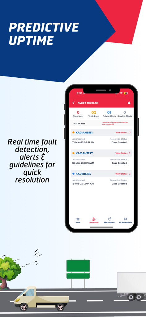 My Eicher App-Flotten-Gesundheits-Dashboard, das vorausschauende Betriebszeit und Echtzeit-Fehlerwarnungen anzeigt.