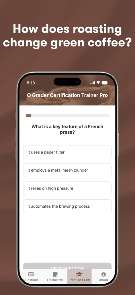 Multiple choice practice exam question on the Q Grader Trainer Pro mobile app