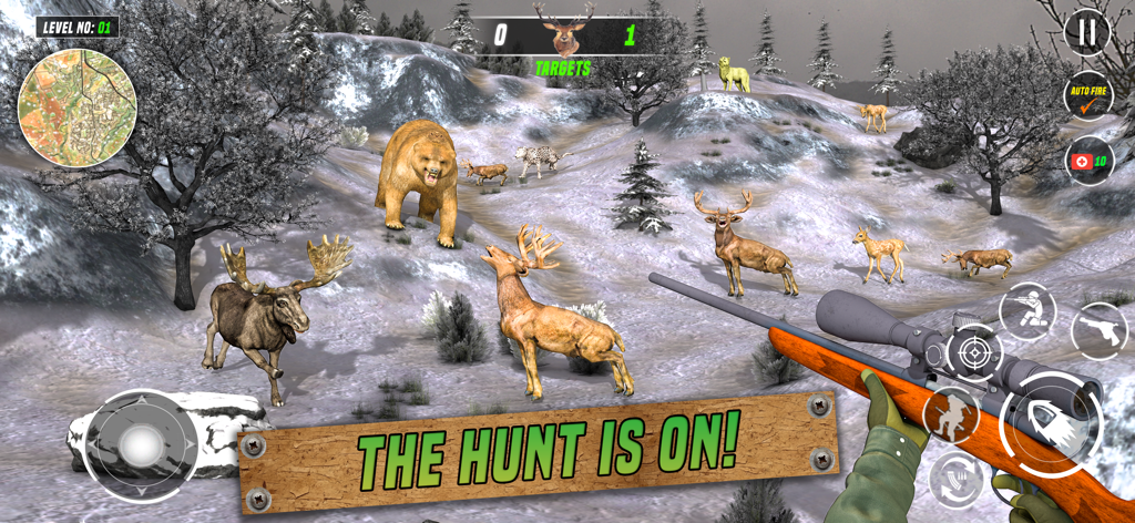 Animal Hunter : Hunting Games - First person view of a sniper rifle aiming at wild animals in a snowy forest
