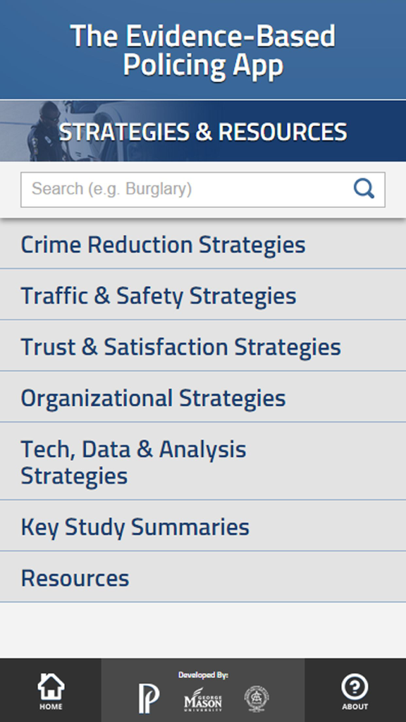 Main menu of the Evidence-Based Policing app showing various law enforcement strategy categories and a search bar.