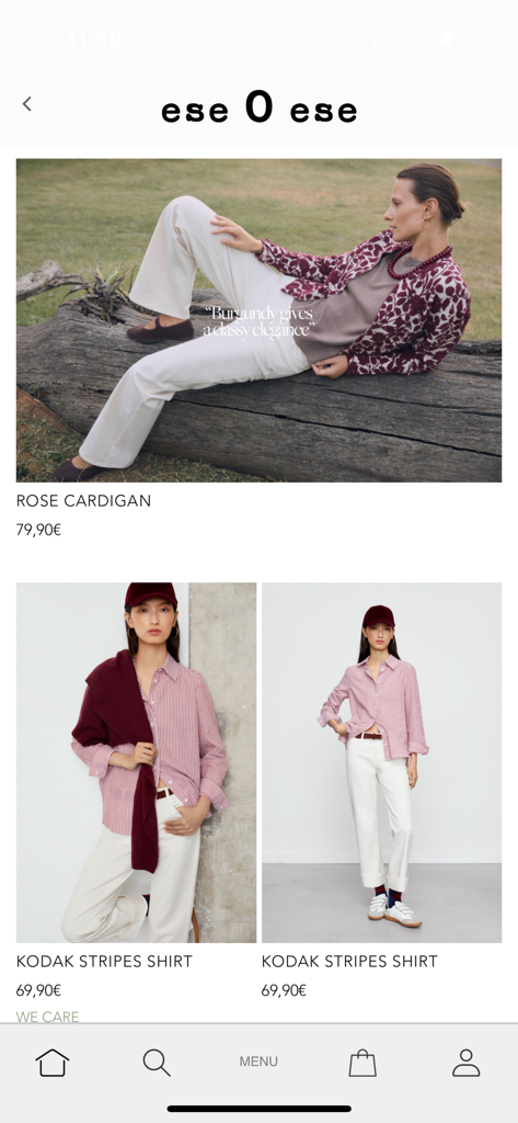 eseOese - Mobile app interface of eseOese shopping displaying a rose cardigan and striped shirts for women.