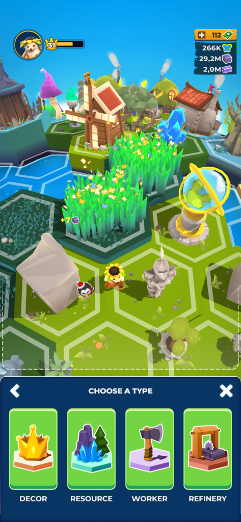 My Little Universe - Captura de tela do jogo Meu Pequeno Universo apresentando um menu de construção com opções de recursos de decoração, trabalhadores e refinarias em um mundo hexagonal vibrante