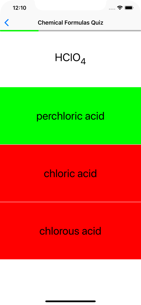 A multiple choice quiz question in the Chemical Formulas Quiz app showing the chemical formula HClO4 and naming options