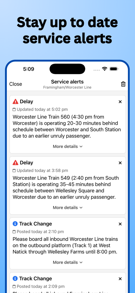 MBTA Rail • Commuter Rail - MBTA Rail app service alerts screen showing real-time delays and track changes for the Framingham and Worcester Line.