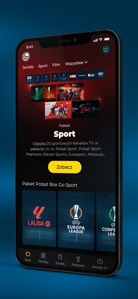 Polsat Box Go - LaLiga 및 UEFA 유로파리그의 라이브 스포츠 패키지를 제공하는 Polsat Box Go 앱을 보여주는 스마트폰 화면