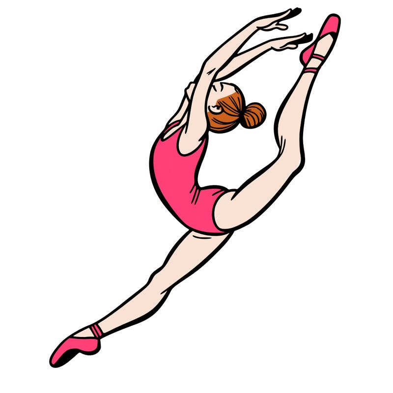 gymnast doing a leap in a leotard with a bent back leg