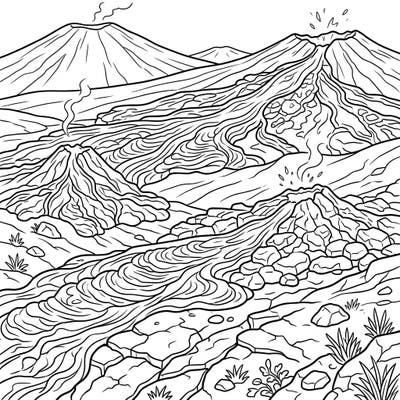 Immerse yourself in the primal beauty of volcanic landscapes with this sheet lava flows coloring page. Discover detailed depictions of molten rock spreading across vast terrains, ready for your creative touch.